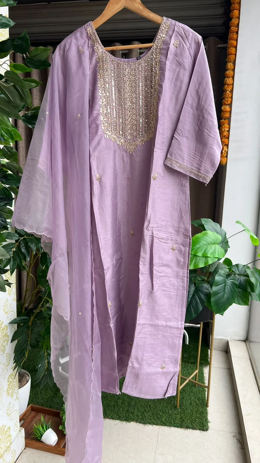 Lavender silk embroidery hand work 3 piece kurti set