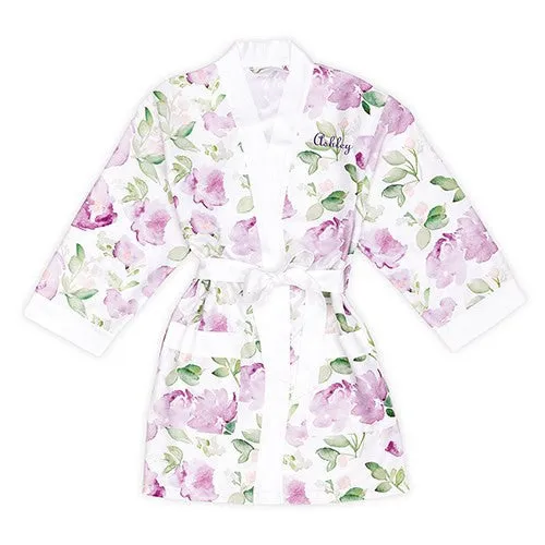 LAVENDER WATERCOLOR FLORAL SILKY KIMONO ROBE ON WHITE