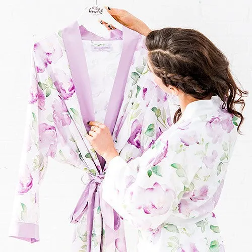 LAVENDER WATERCOLOR FLORAL SILKY KIMONO ROBE ON WHITE