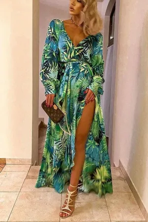 Leaf Print Belted Wrap Long Sleeve Maxi Dress