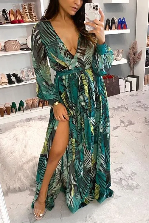 Leaf Print Belted Wrap Long Sleeve Maxi Dress