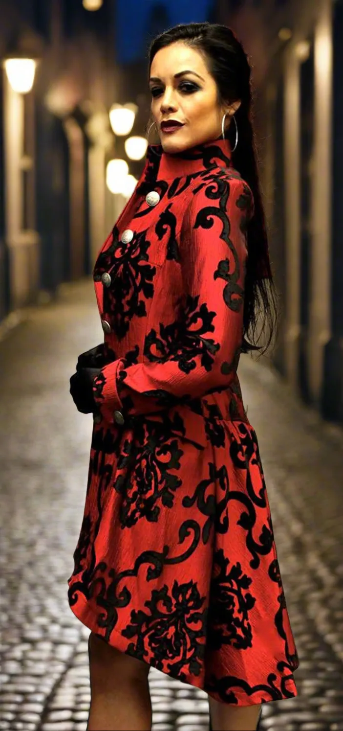 LIONHEART COAT - BLACK ON RED VELVET BROCADE