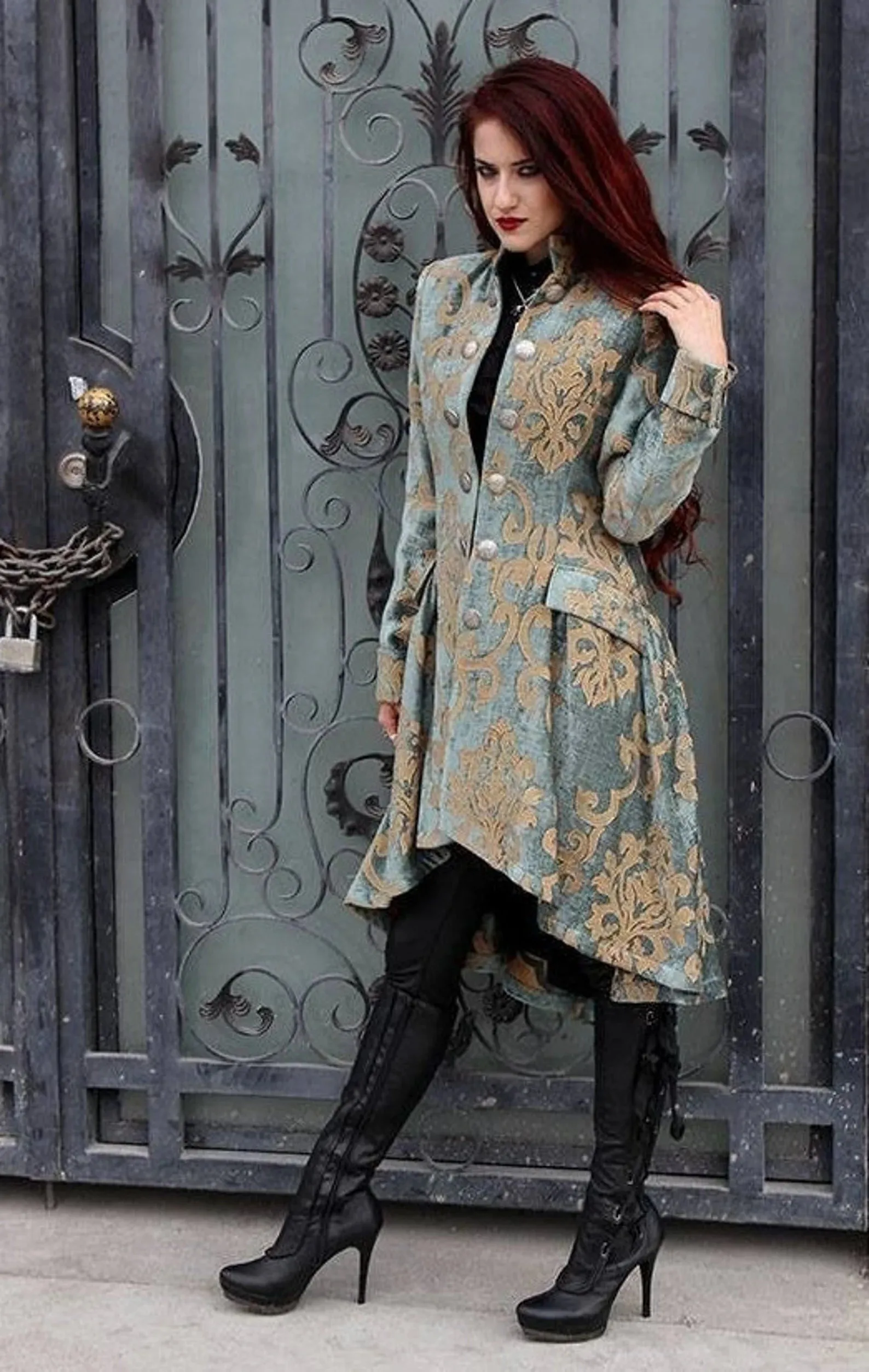 LIONHEART COAT - GOLD ON GREEN VELVET BROCADE - size Small - only size left!