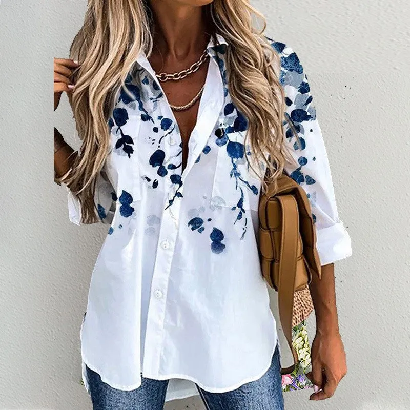 Long Sleeve Floral-Print Shirt Collar Casual Shirts & Tops