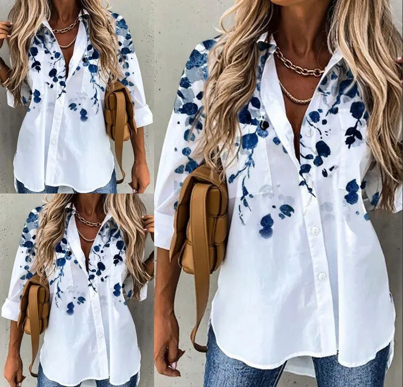 Long Sleeve Floral-Print Shirt Collar Casual Shirts & Tops