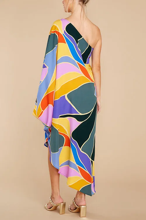 Multi Print Asymmetrical One Shoulder Dress