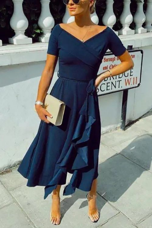 Off Shoulder Frill Belted Midi Dress