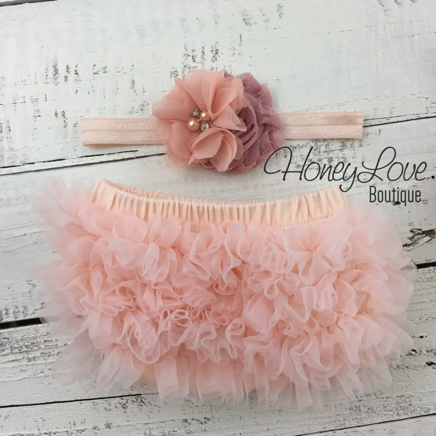 Peach ruffle bottom bloomers - vintage pink and peach headband