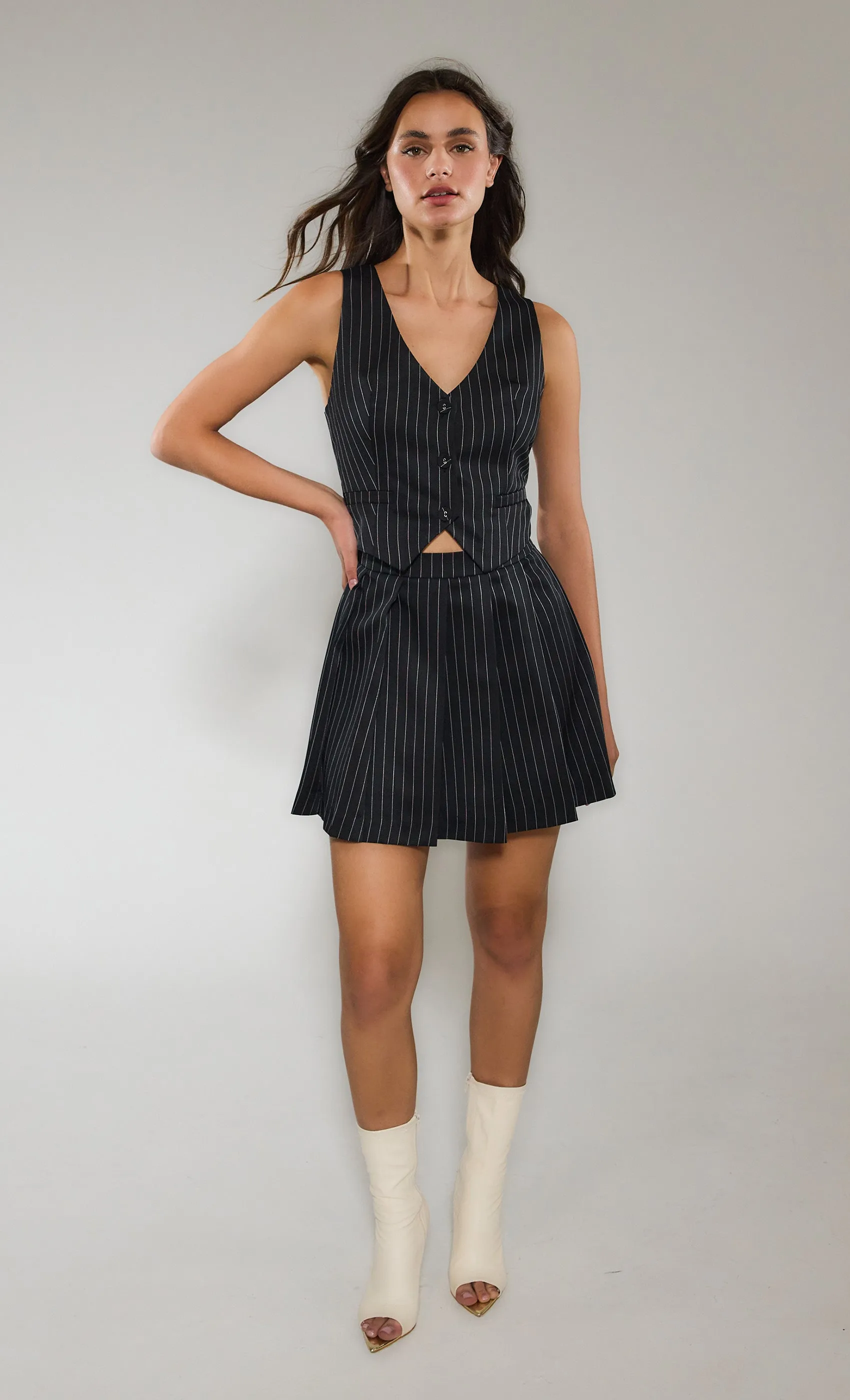 Pinstripe Pleated Waistcoat Mini Dress