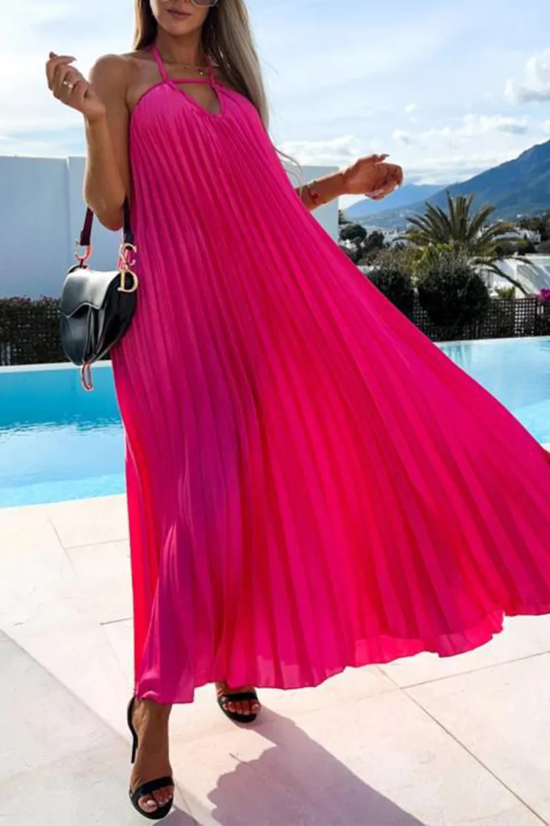 Pleated Halter Neck Backless Maxi Dress