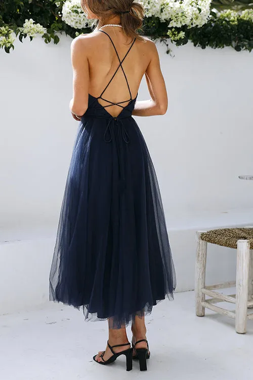 Plunging Neck Backless Mesh Midi Dress