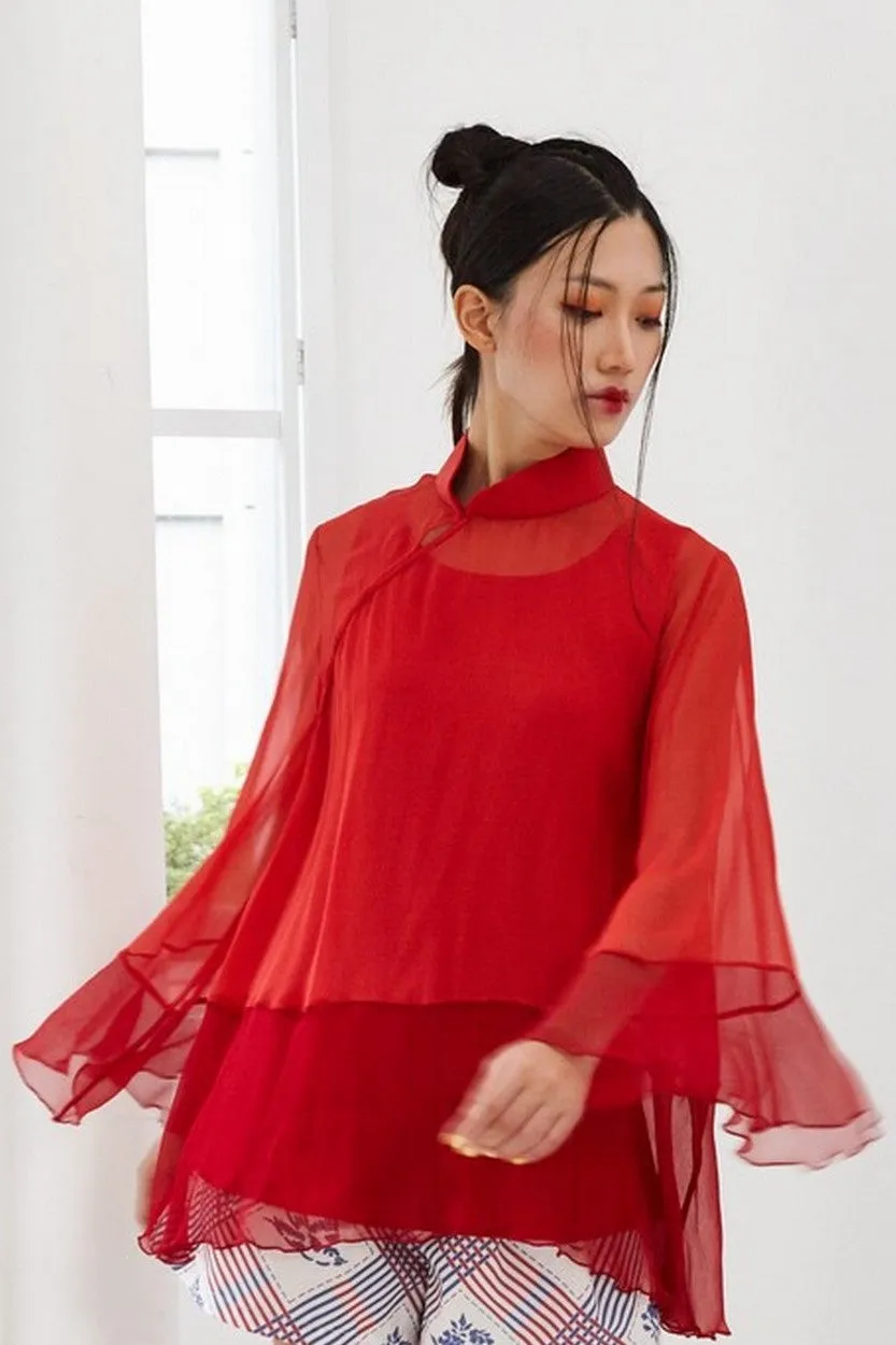 Pre-Order RED AND MAROON CHIFFON WITH RED SATIN SILK LOOSE FITTED OFF CENTERED MANDARIN COLLAR TOP WITH INNER BIAS CAMISOLE - RED