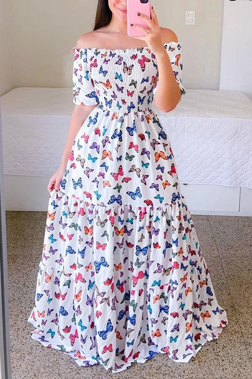 Print Shirred Bodice Tiered Maxi Dress