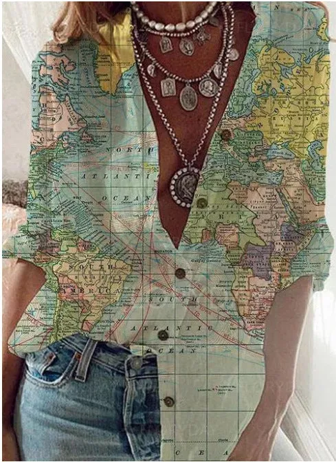 Printed Casual Long Sleeve Shirts & Tops World Map Shirt