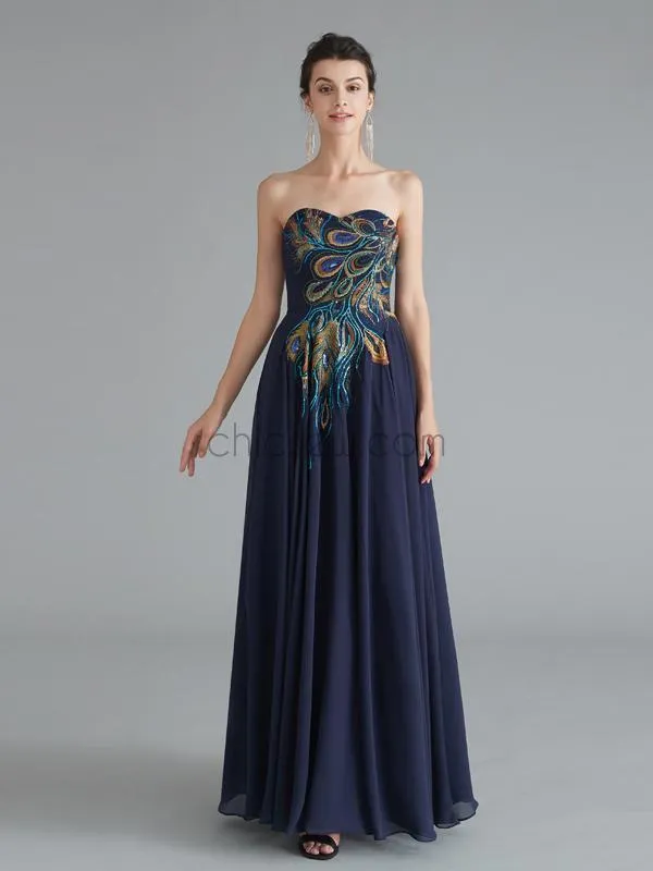 Royal Blue Sweetheart Embroidered Chiffon A Line Long Evening Prom Dresses, XDM1182