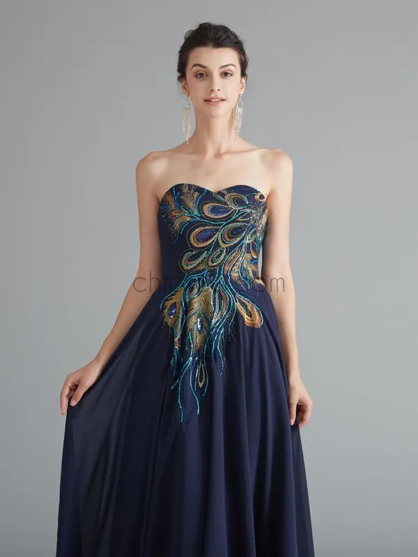 Royal Blue Sweetheart Embroidered Chiffon A Line Long Evening Prom Dresses, XDM1182