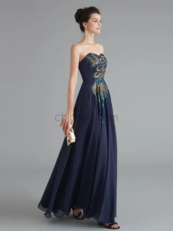 Royal Blue Sweetheart Embroidered Chiffon A Line Long Evening Prom Dresses, XDM1182