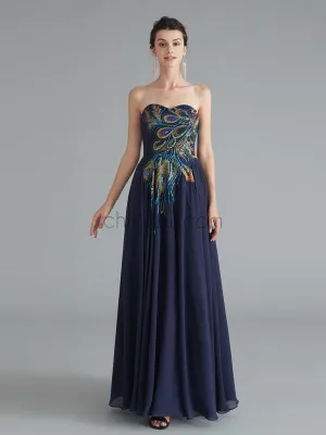 Royal Blue Sweetheart Embroidered Chiffon A Line Long Evening Prom Dresses, XDM1182