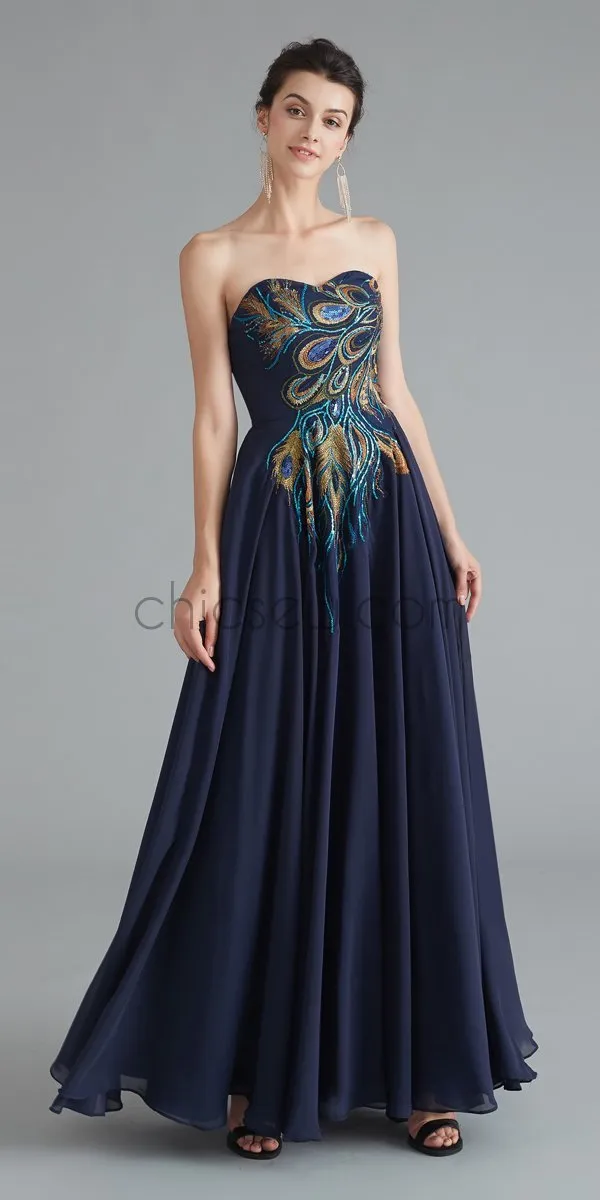 Royal Blue Sweetheart Embroidered Chiffon A Line Long Evening Prom Dresses, XDM1182