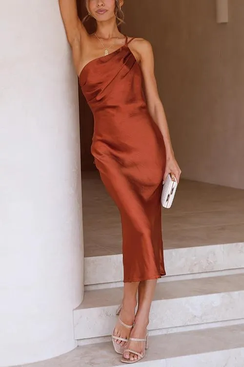 Ruched One Shoulder Slip Midi Dress