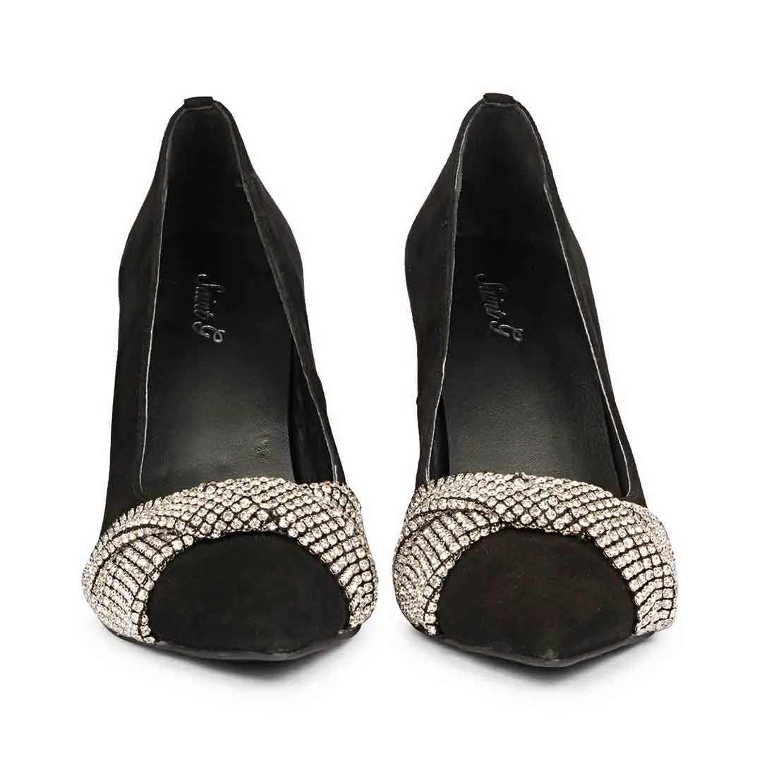 Saint Sienna Silver Stone Bow Embellished Black Leather Pumps