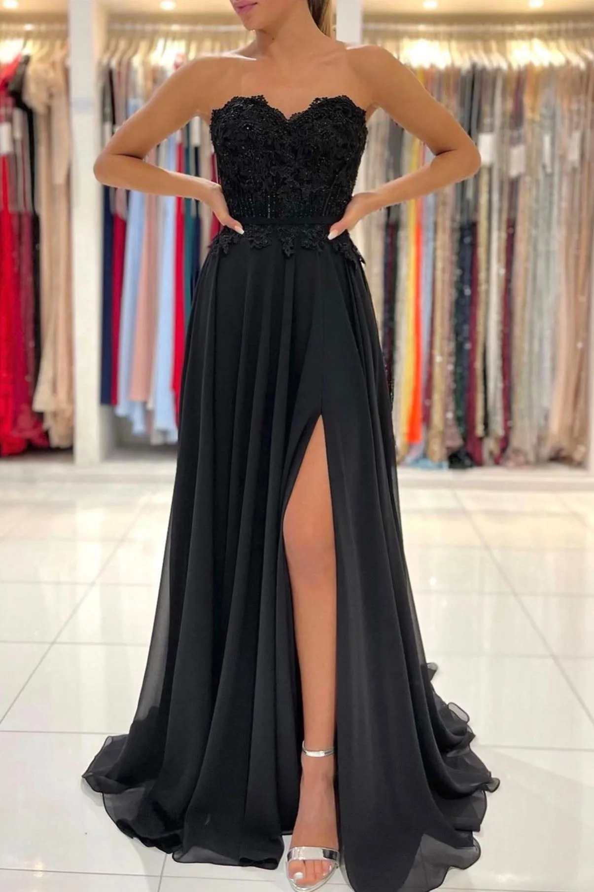 solvbao Black Chiffon Lace Long Prom Dresses, A-Line Strapless Evening Dresses