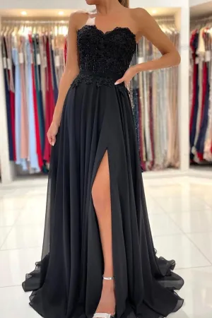 solvbao Black Chiffon Lace Long Prom Dresses, A-Line Strapless Evening Dresses