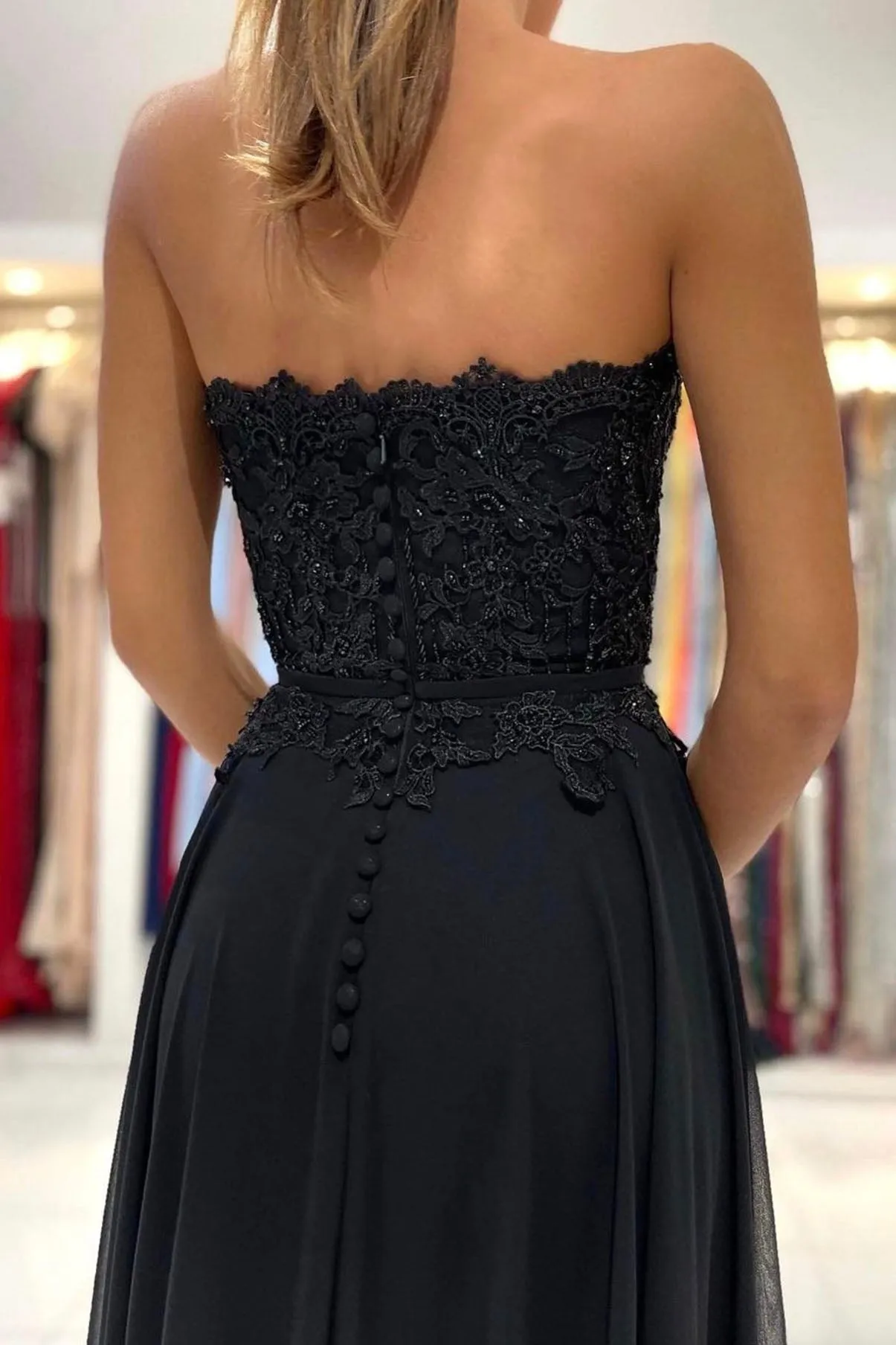 solvbao Black Chiffon Lace Long Prom Dresses, A-Line Strapless Evening Dresses