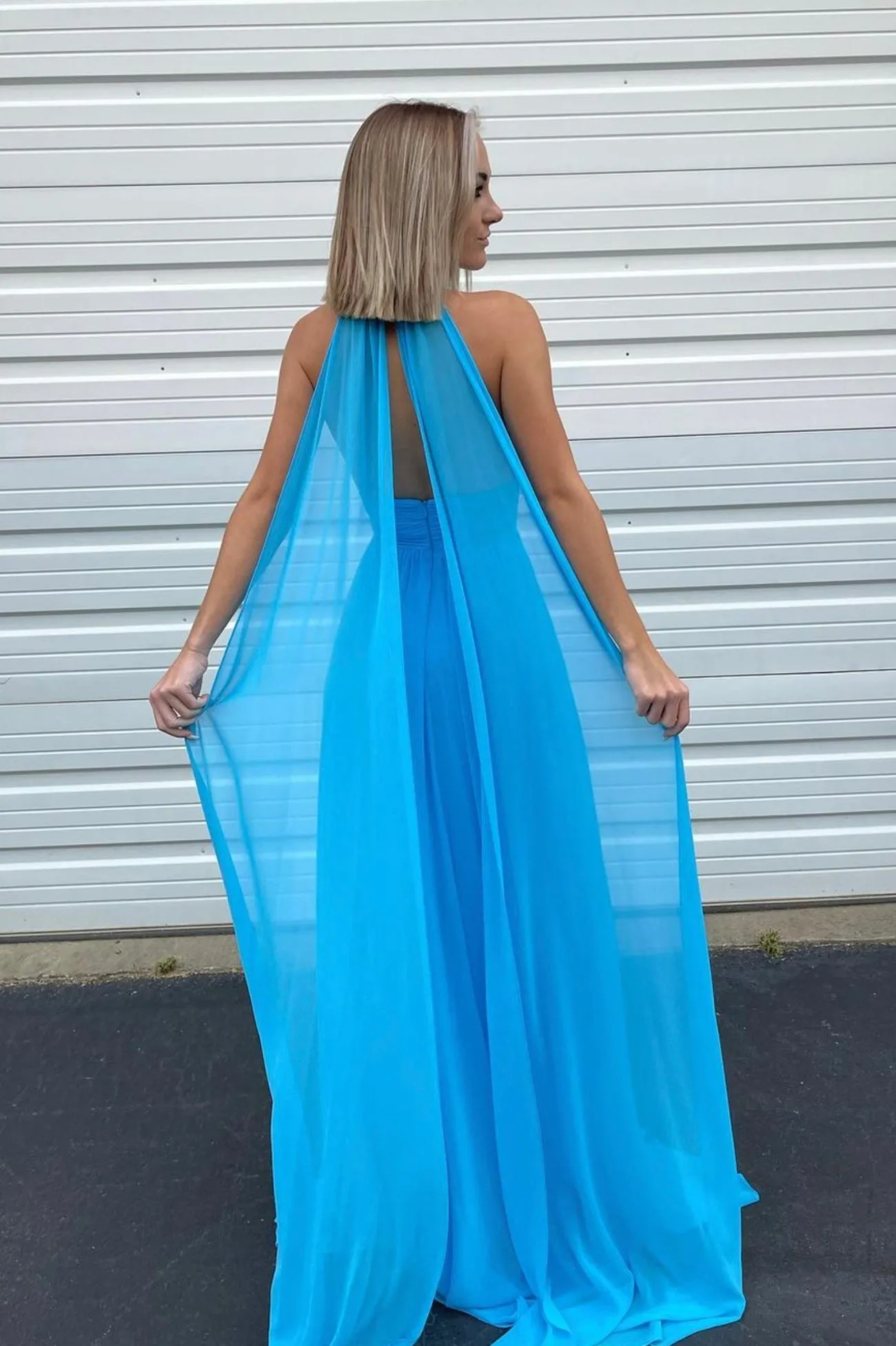 solvbao Blue Chiffon Long Prom Dresses, A-Line Evening Dresses