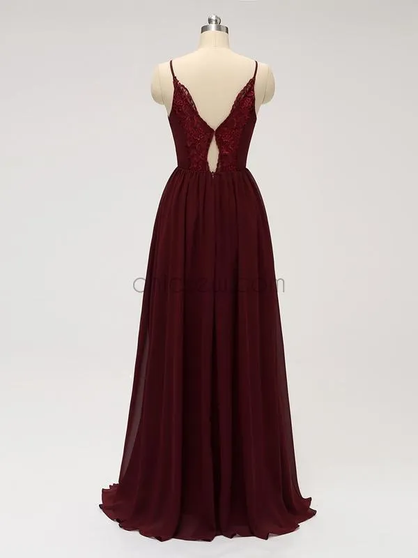 Spaghetti Strap Dark Red V Neck Chiffon Long Bridesmaid Dresses XDM1123