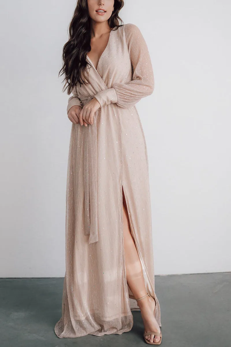 Sparkle Puff Long Sleeve Slit Maxi Dress