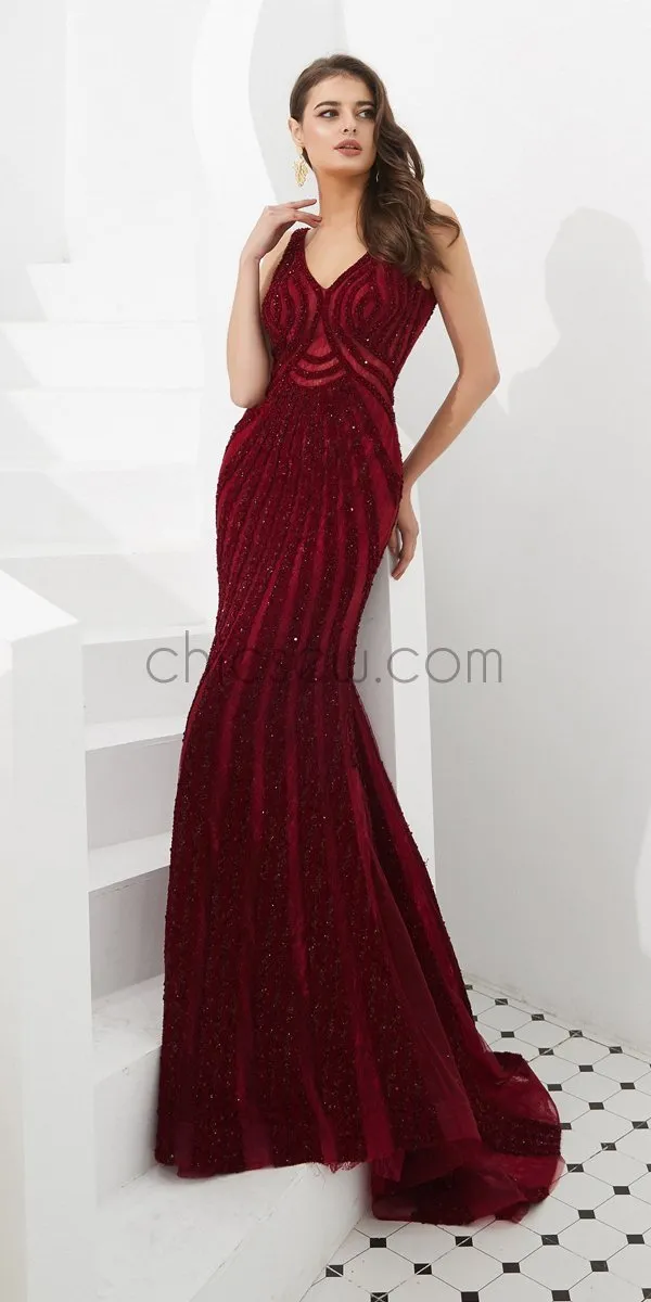 Sparkly Real Made Mermaid V-Neck High Quality  Long Prom Dresses With Beads, Evening Dresses LMX1150