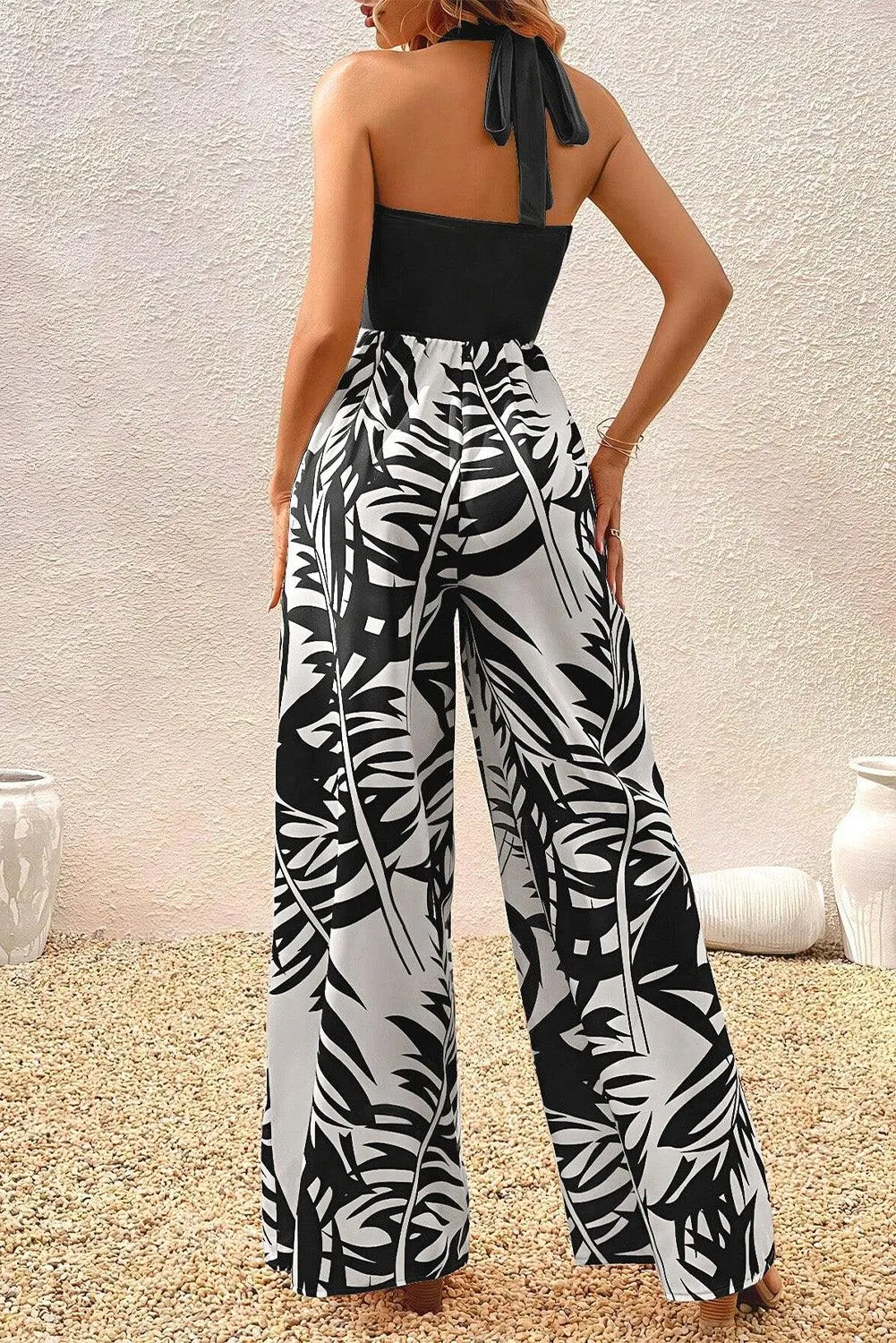 Square Neck Black & White Jumpsuit with Tropical Plant Print