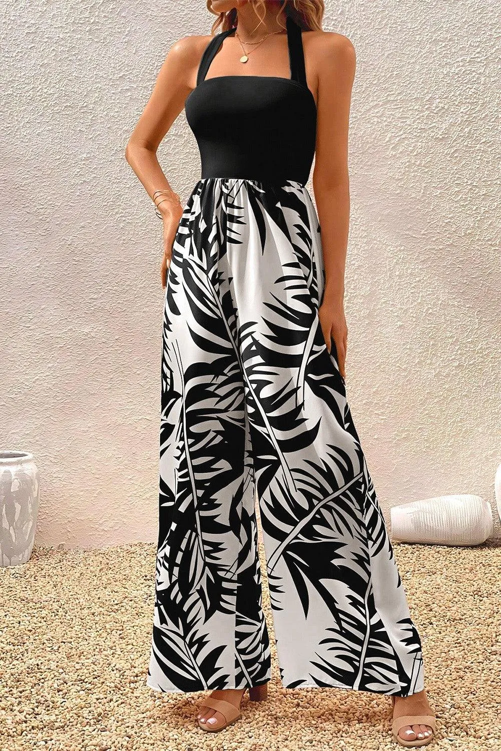 Square Neck Black & White Jumpsuit with Tropical Plant Print