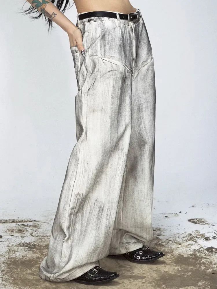 Stained Brushed Colour Straight Wide Leg Jeans【s0000008489】