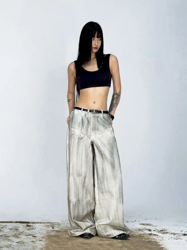 Stained Brushed Colour Straight Wide Leg Jeans【s0000008489】