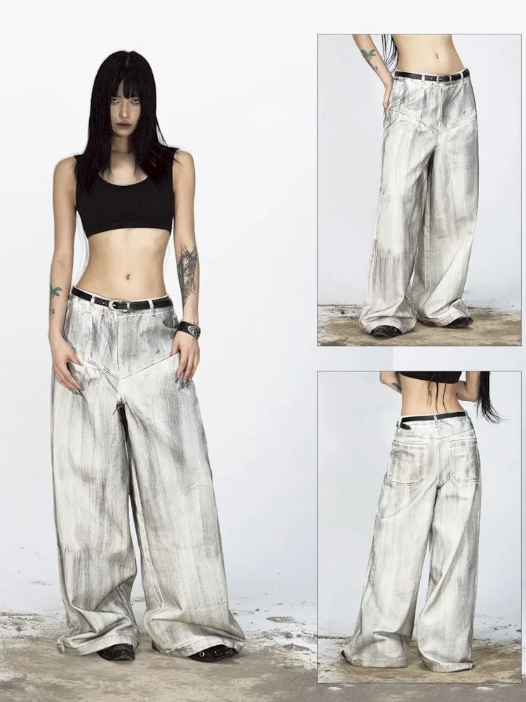 Stained Brushed Colour Straight Wide Leg Jeans【s0000008489】