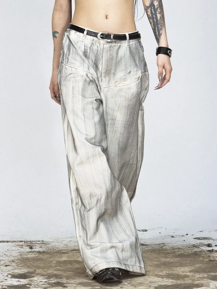 Stained Brushed Colour Straight Wide Leg Jeans【s0000008489】