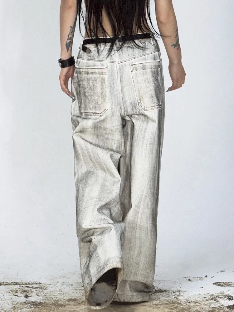 Stained Brushed Colour Straight Wide Leg Jeans【s0000008489】