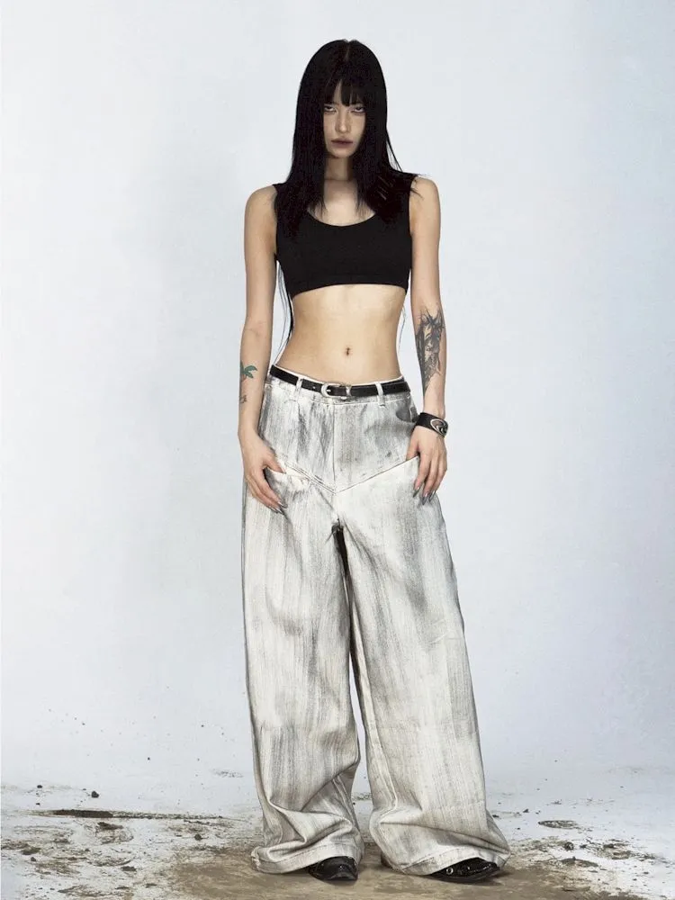 Stained Brushed Colour Straight Wide Leg Jeans【s0000008489】