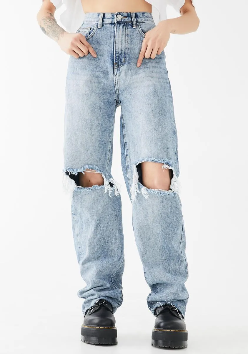 Straight Leg Distressed Denim Jeans