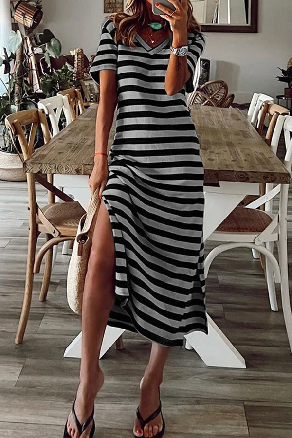 Stripe V Neck Slit Maxi Dress