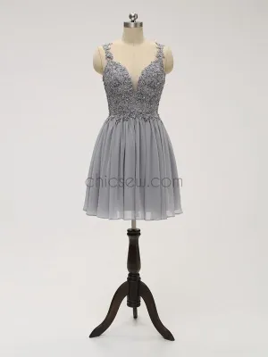 Unique Grey Lace Top A Line Chiffon Short Homecoming Dresses XDM1119