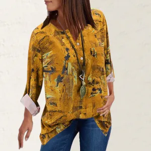 V-neck vintage print loose long sleeve shirt