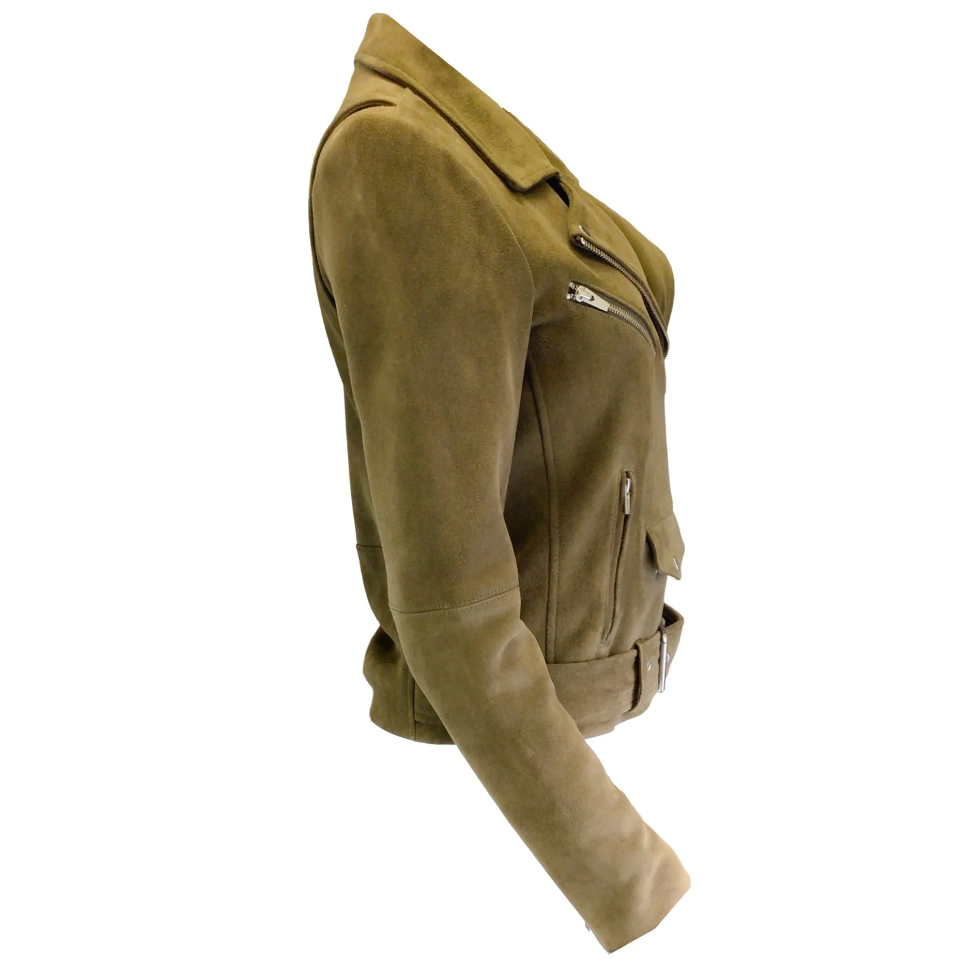 Veda Olive Green Moto Zip Suede Leather Jacket