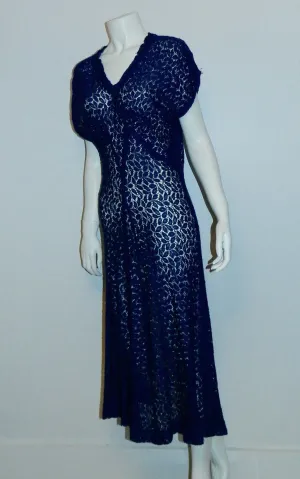 vintage 1930s lace dress cobalt blue sheer floral Deco overdress OSFM