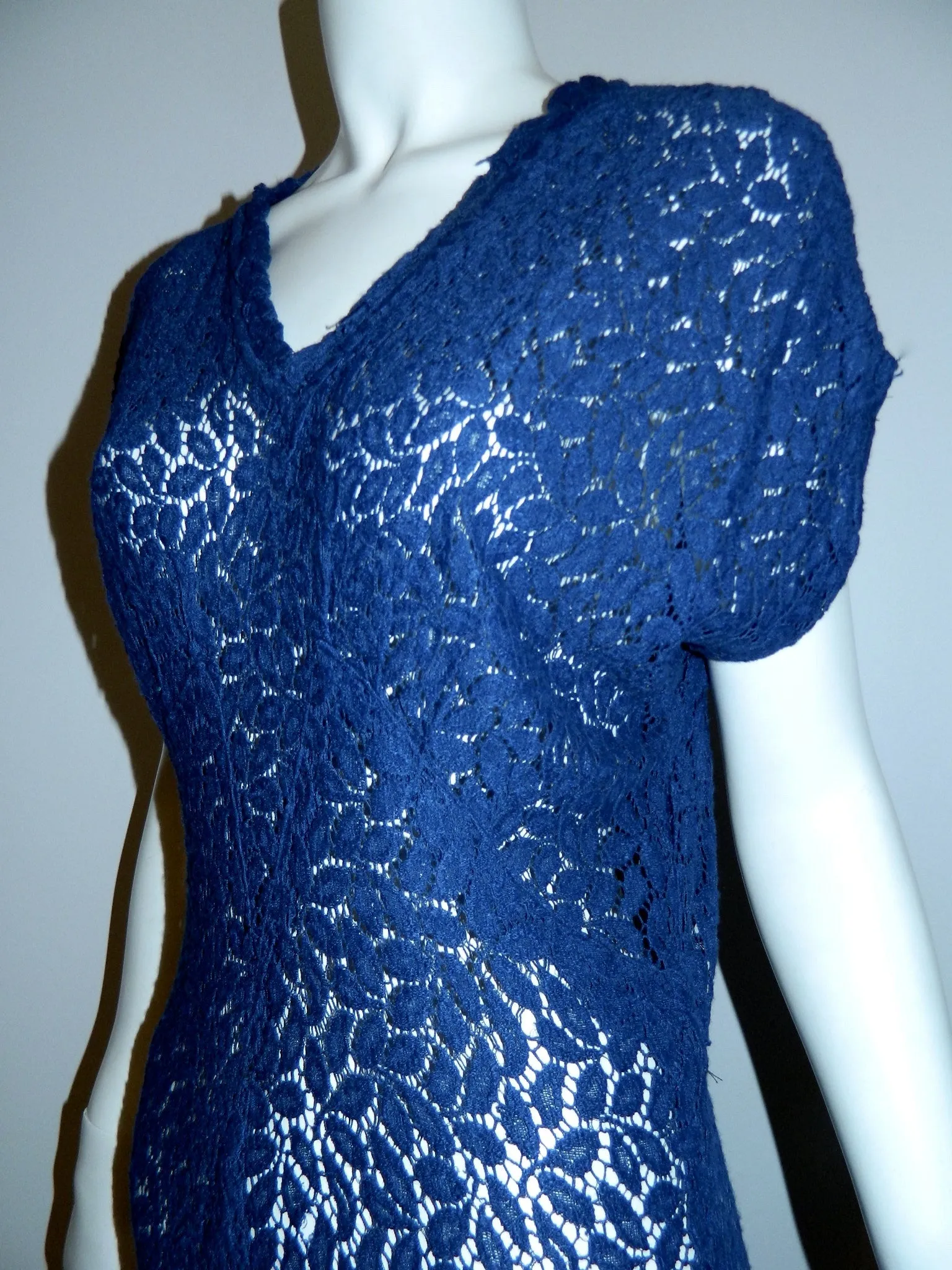 vintage 1930s lace dress cobalt blue sheer floral Deco overdress OSFM