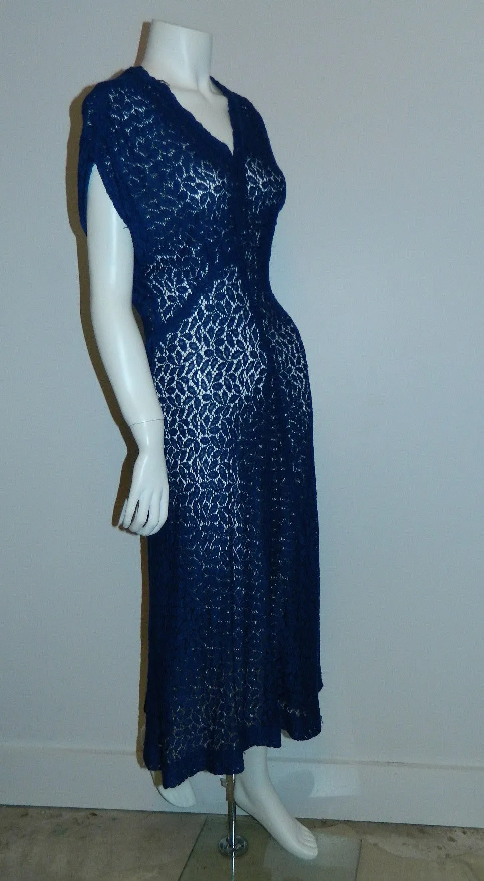 vintage 1930s lace dress cobalt blue sheer floral Deco overdress OSFM