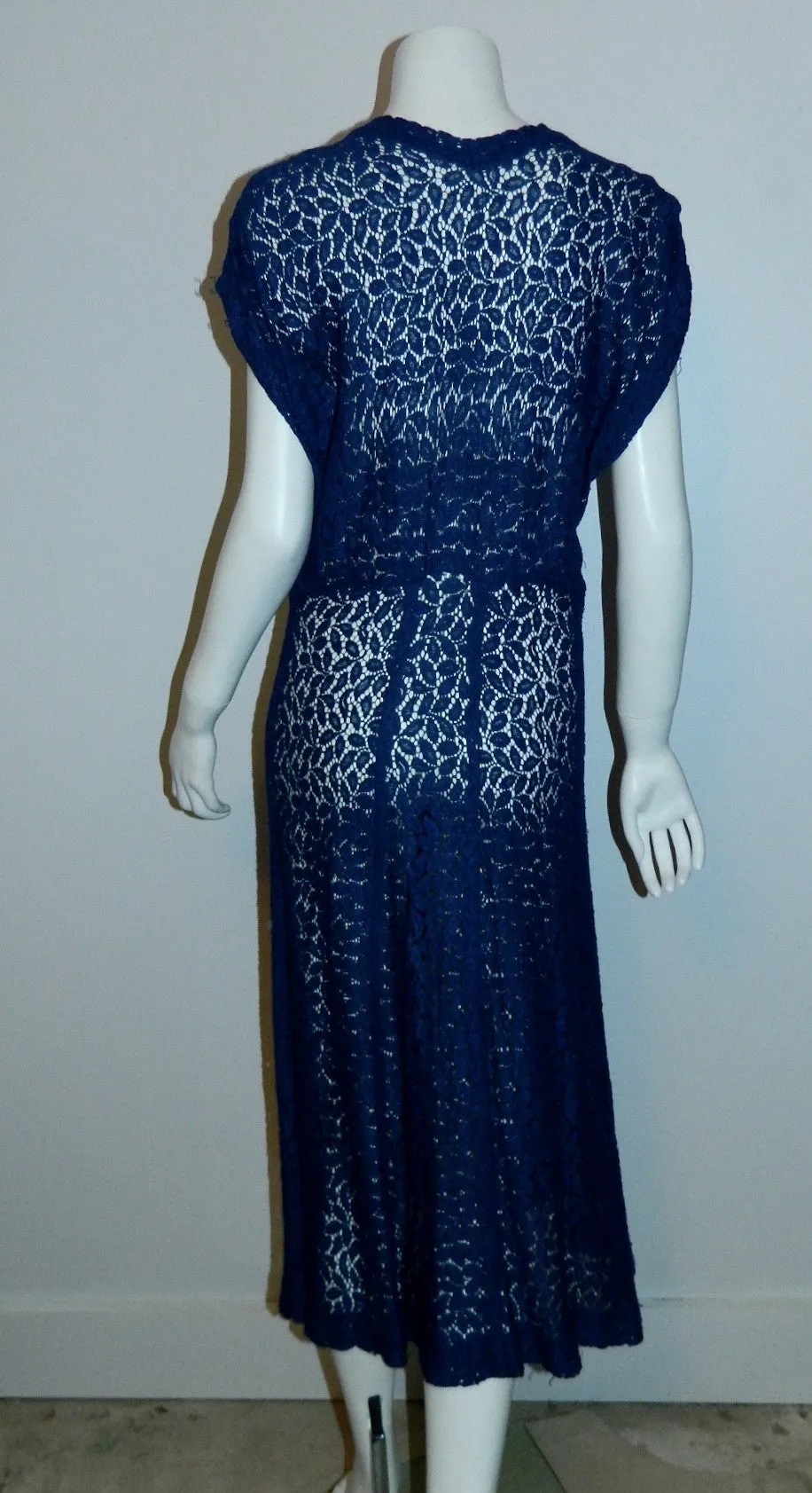 vintage 1930s lace dress cobalt blue sheer floral Deco overdress OSFM