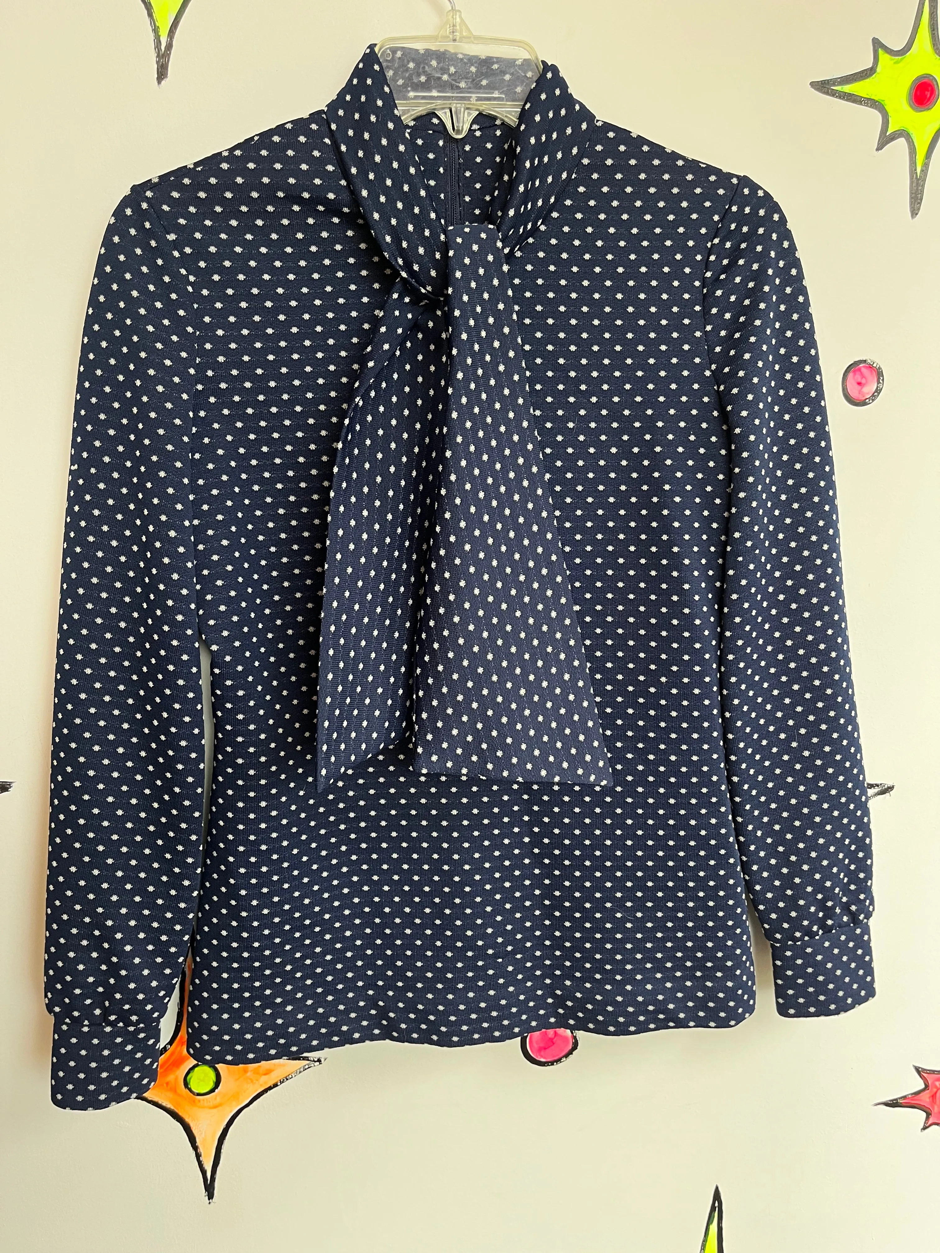 Vintage 60s 70s | Navy Bow Neck MOD Retro Blouse Top | Size S - M